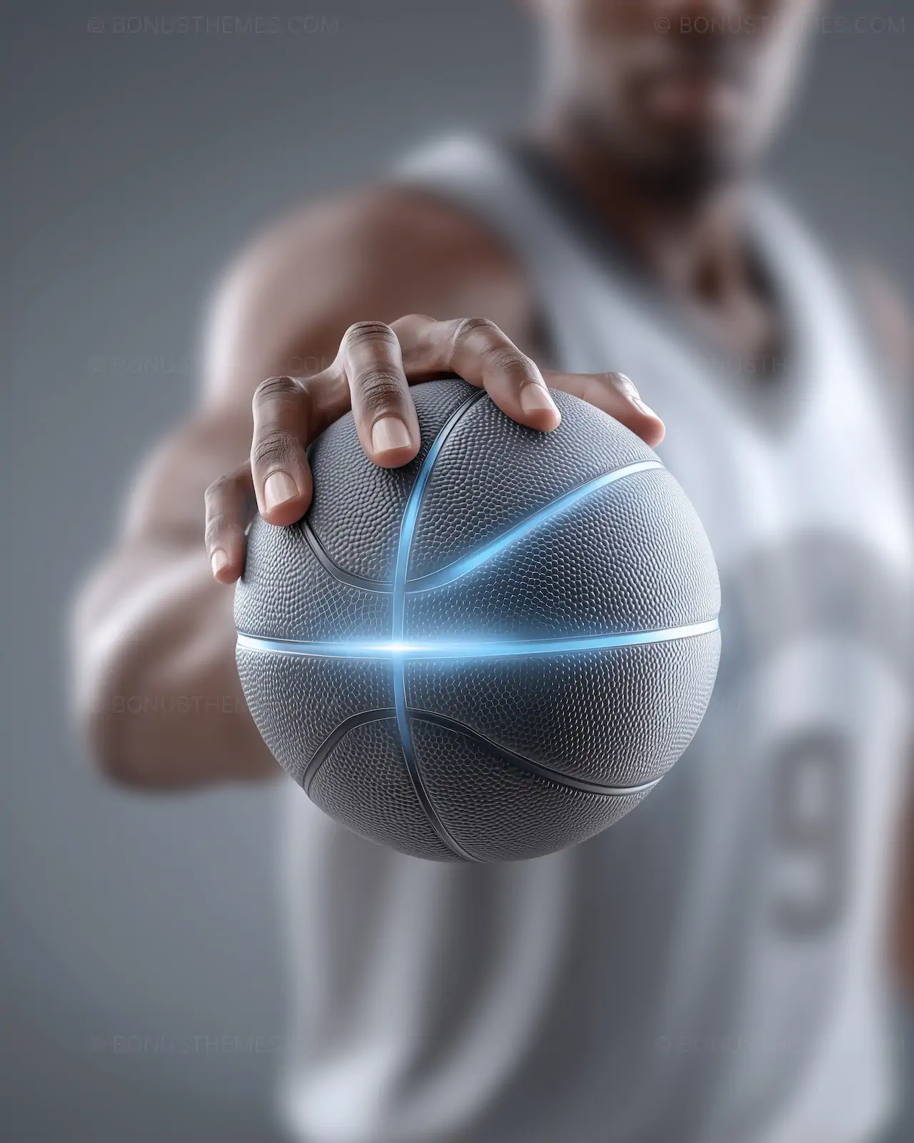 Hand Holding High-Tech Basketball with Glowing Blue LED Lines | AI Image