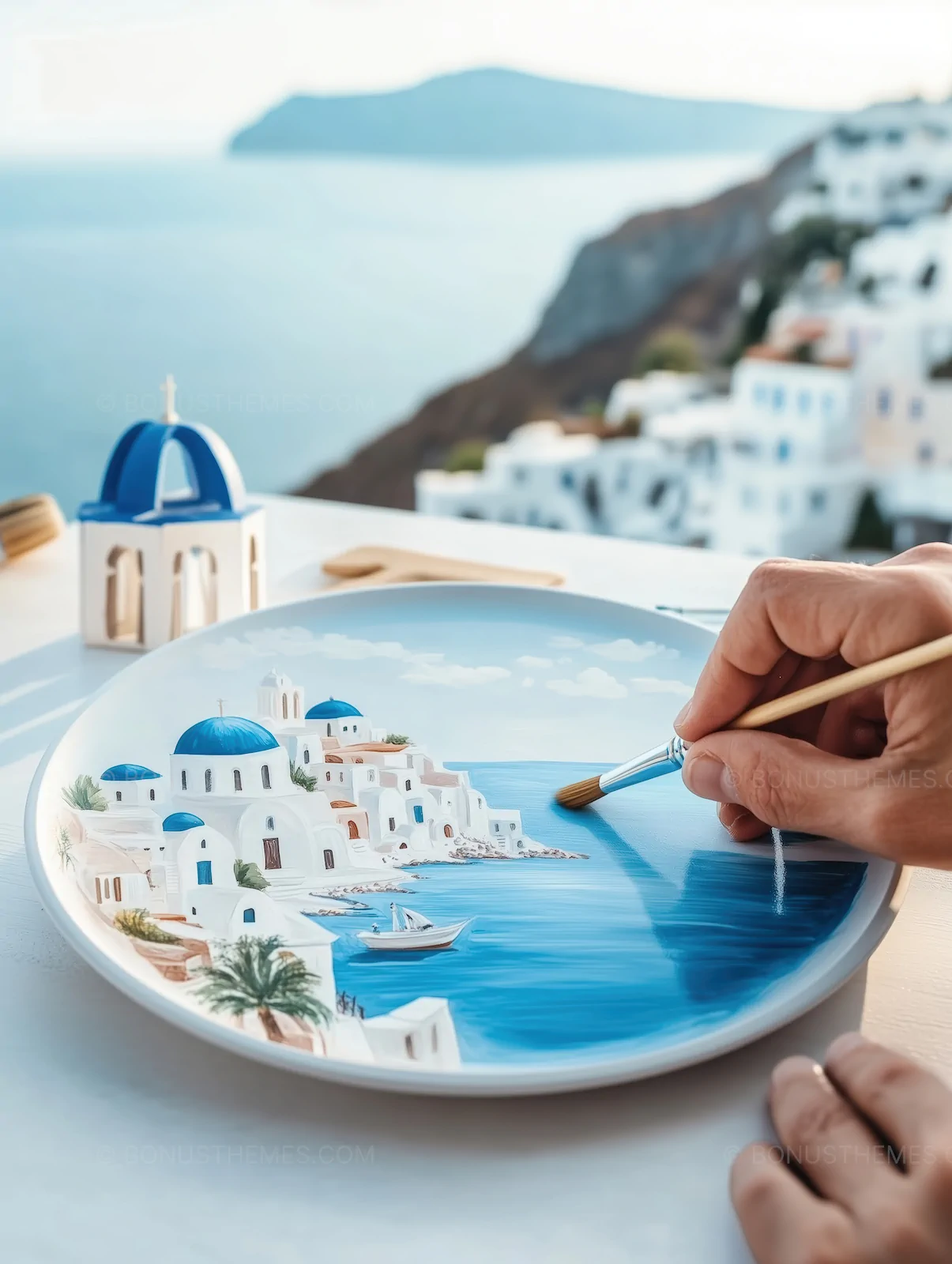Hand-Painting Santorini Landscape on Decorative Ceramic Plate | AI Image