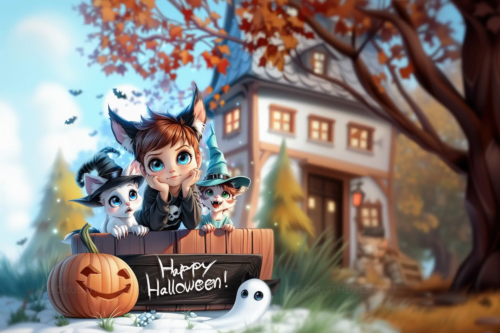 Happy Halloween Little Boy and Pets Illustration | Festive AI Image