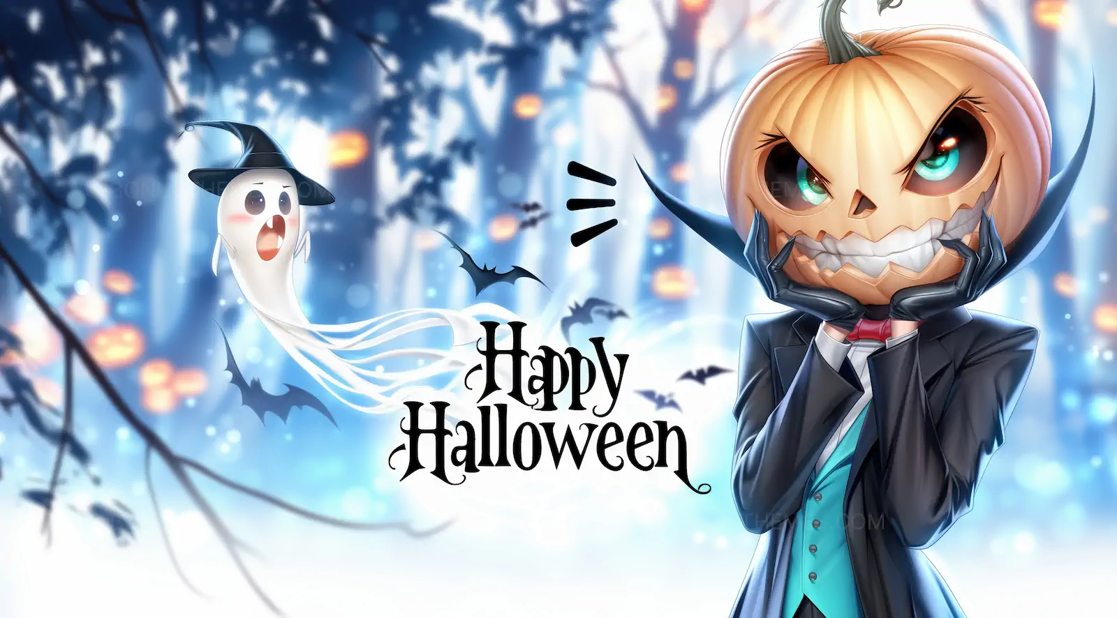 Happy Halloween Pumpkin Head Character and Cute Ghost | AI Illustration