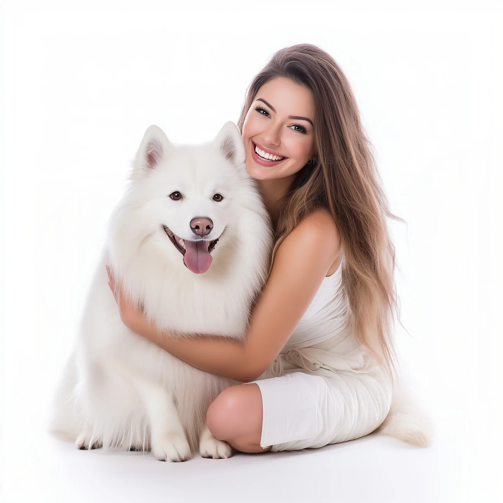 Happy Woman Hugging White Samoyed Dog | Heartwarming Lifestyle AI Image