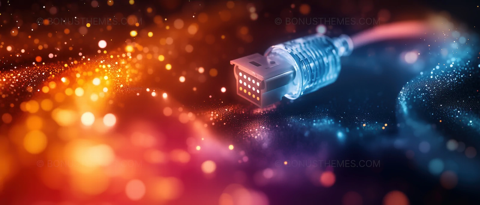 Fiber Optic Connector with Glowing Bokeh Light Particles | Vibrant AI Generated High-Tech Data Transfer Image