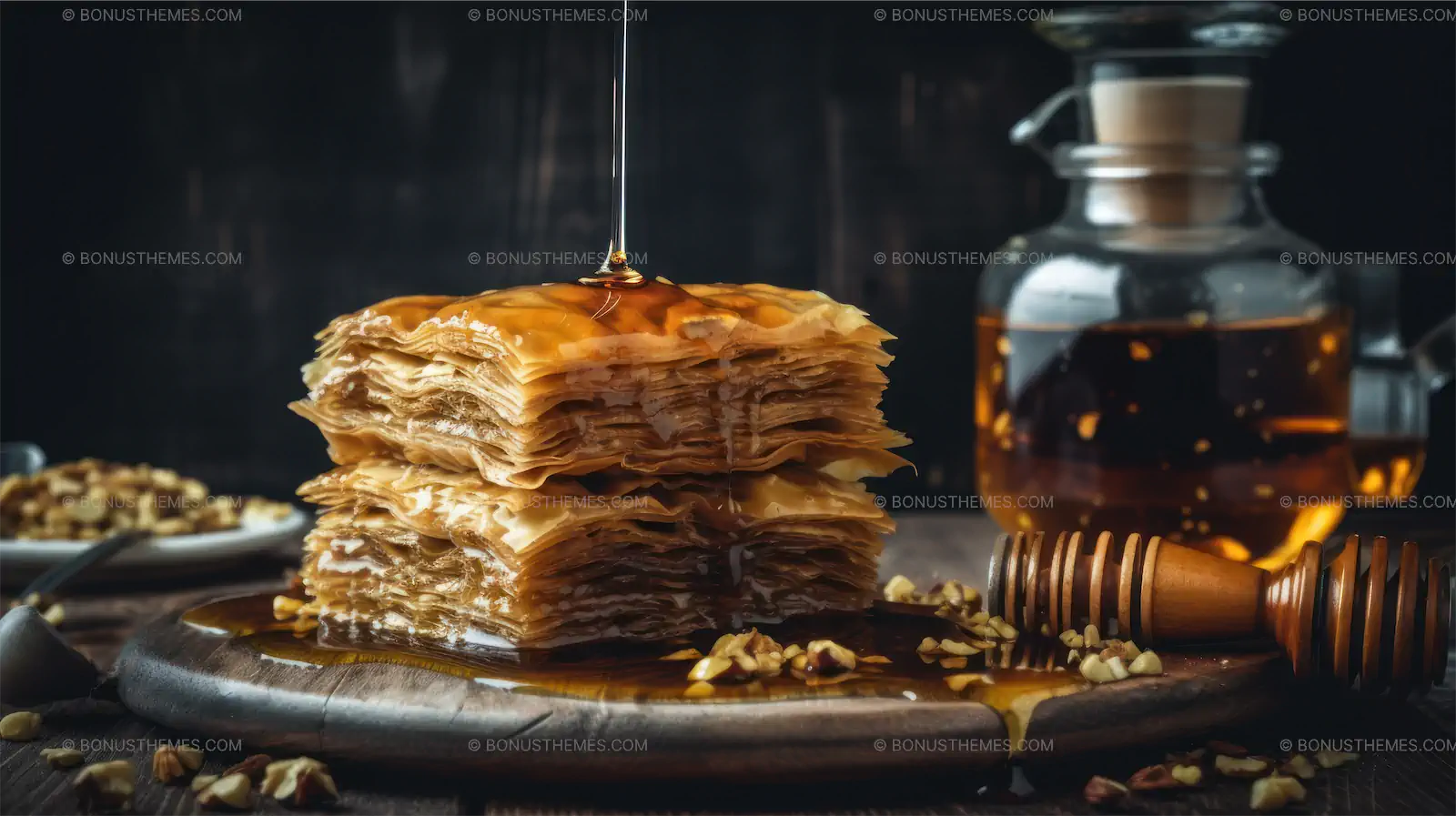 Stack of Honey-Covered Pastries with Honey Jar | Sweet AI Generated Dessert Image
