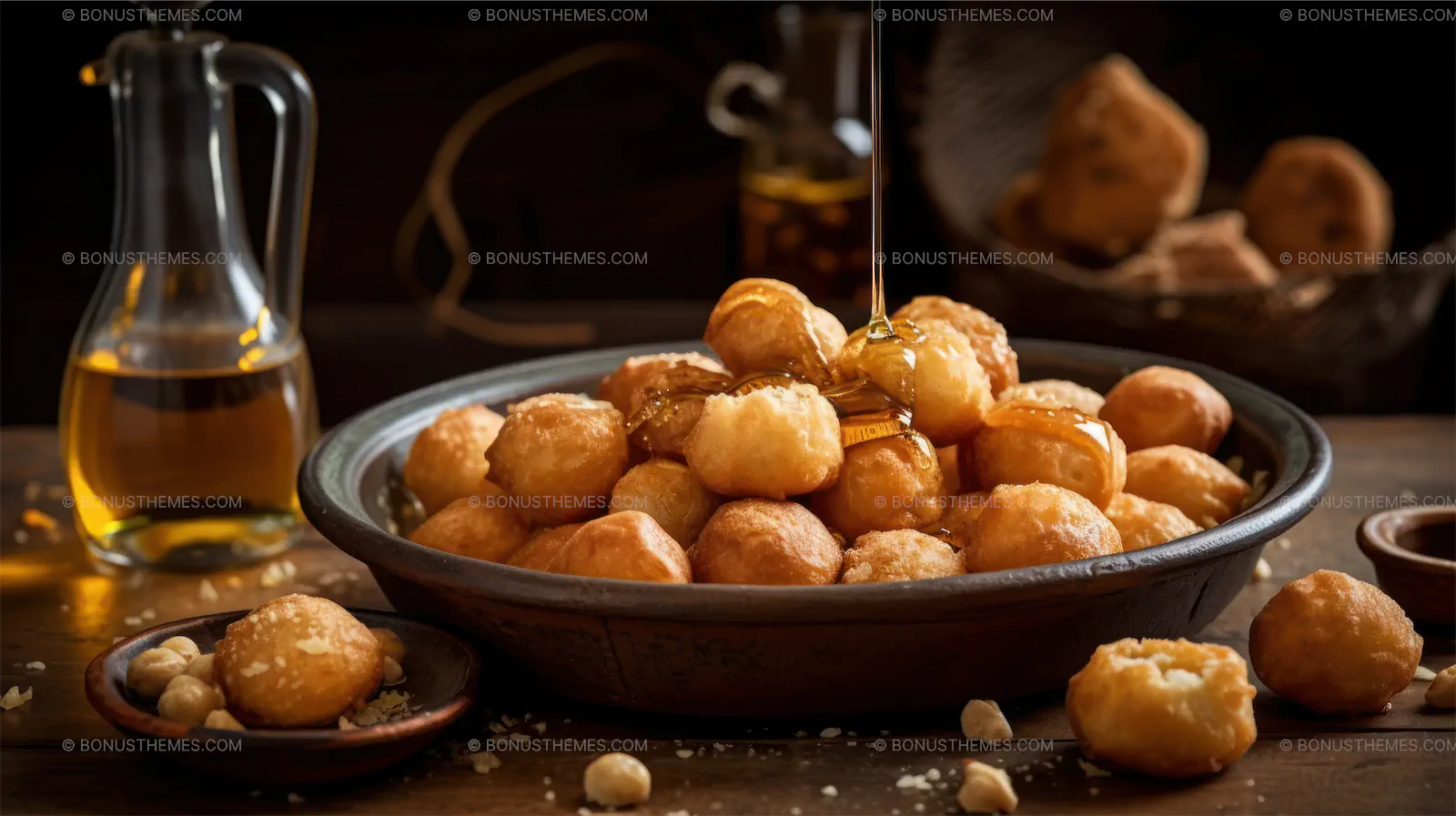Bowl of Fresh Doughnuts with Honey Drizzle - AI Generated Dessert Image