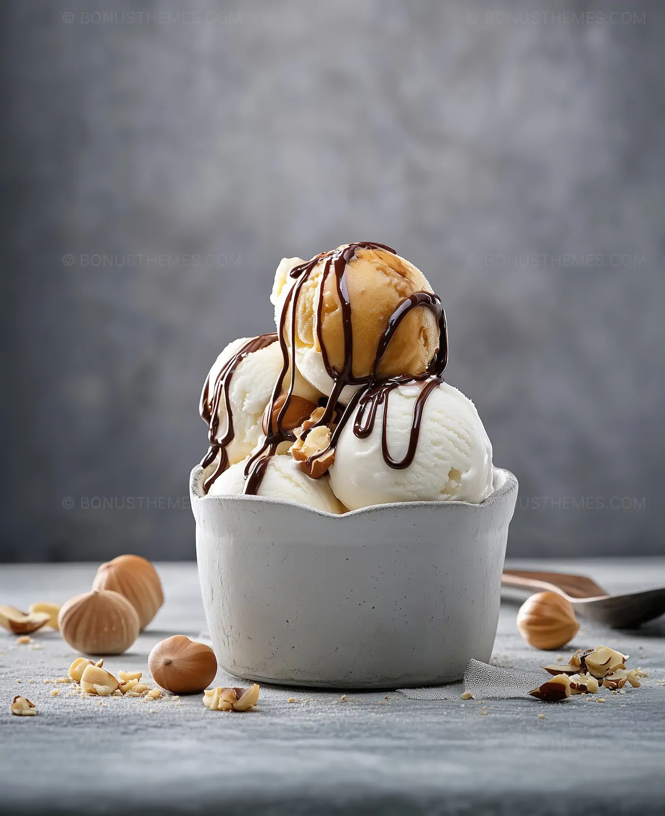 Ice Cream Bowl with Chocolate Sauce and Nuts | Indulgent Dessert AI Image