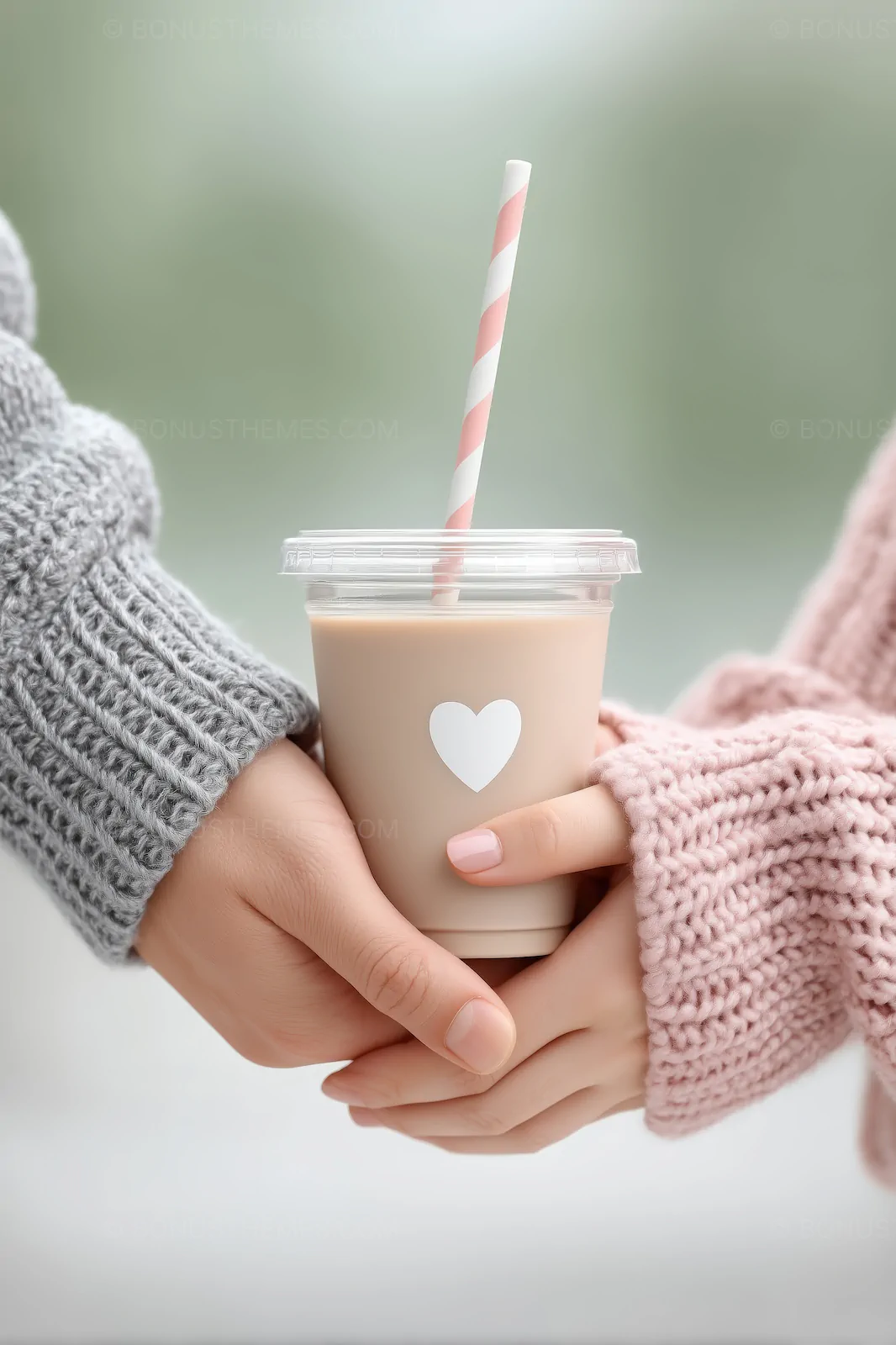 Two People Holding a Plastic Cup of Iced Coffee with Heart Sticker | Romantic AI Generated Lifestyle Illustration