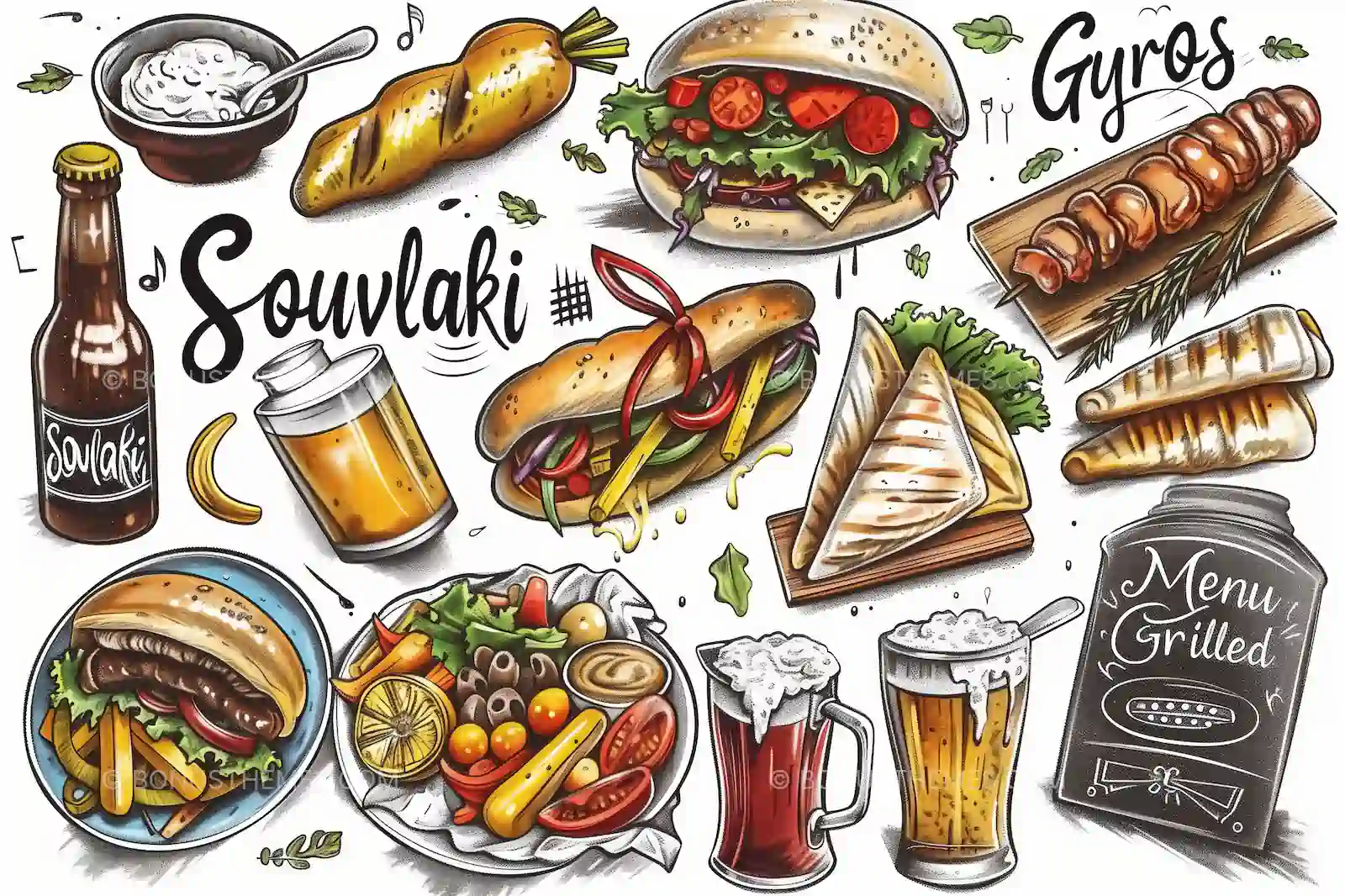 Illustrated Food Menu Placemat | Souvlaki Concept | AI Generated Image