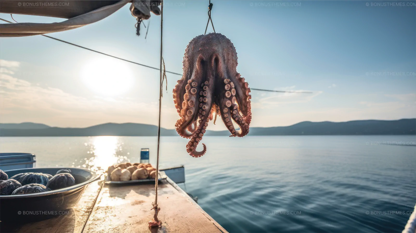An octopus freshly caught from the Aegean Sea is hanging by a rope