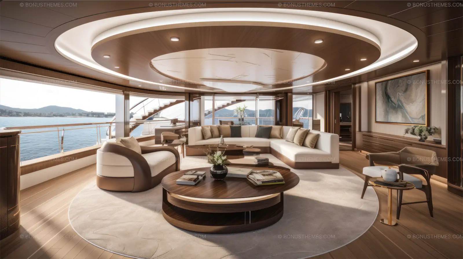 Elegant yacht with curved lines and warm wood tones