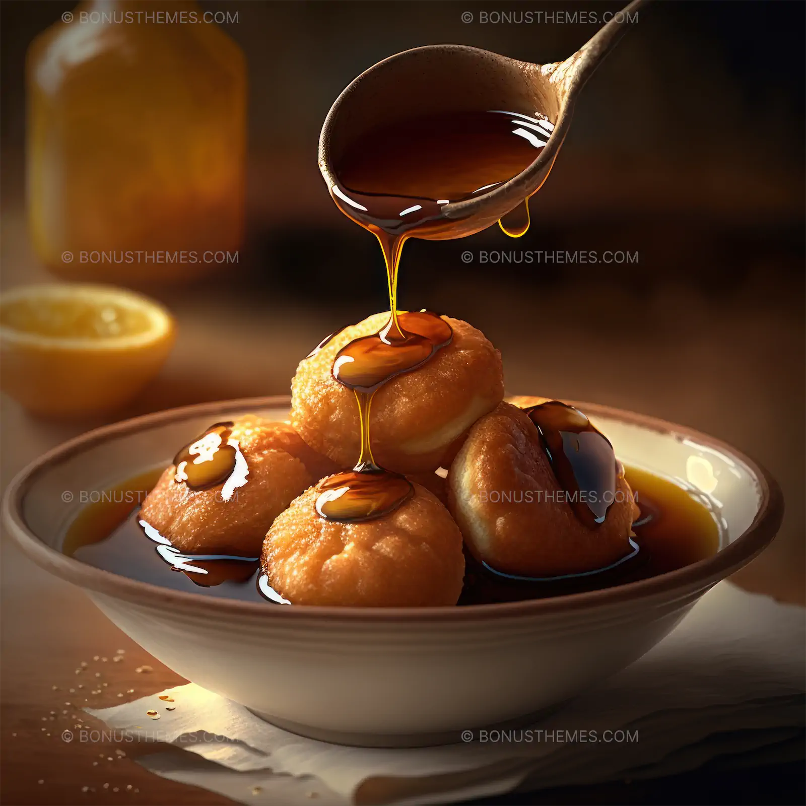 Loukoumades, fried dough balls drizzled on a plate