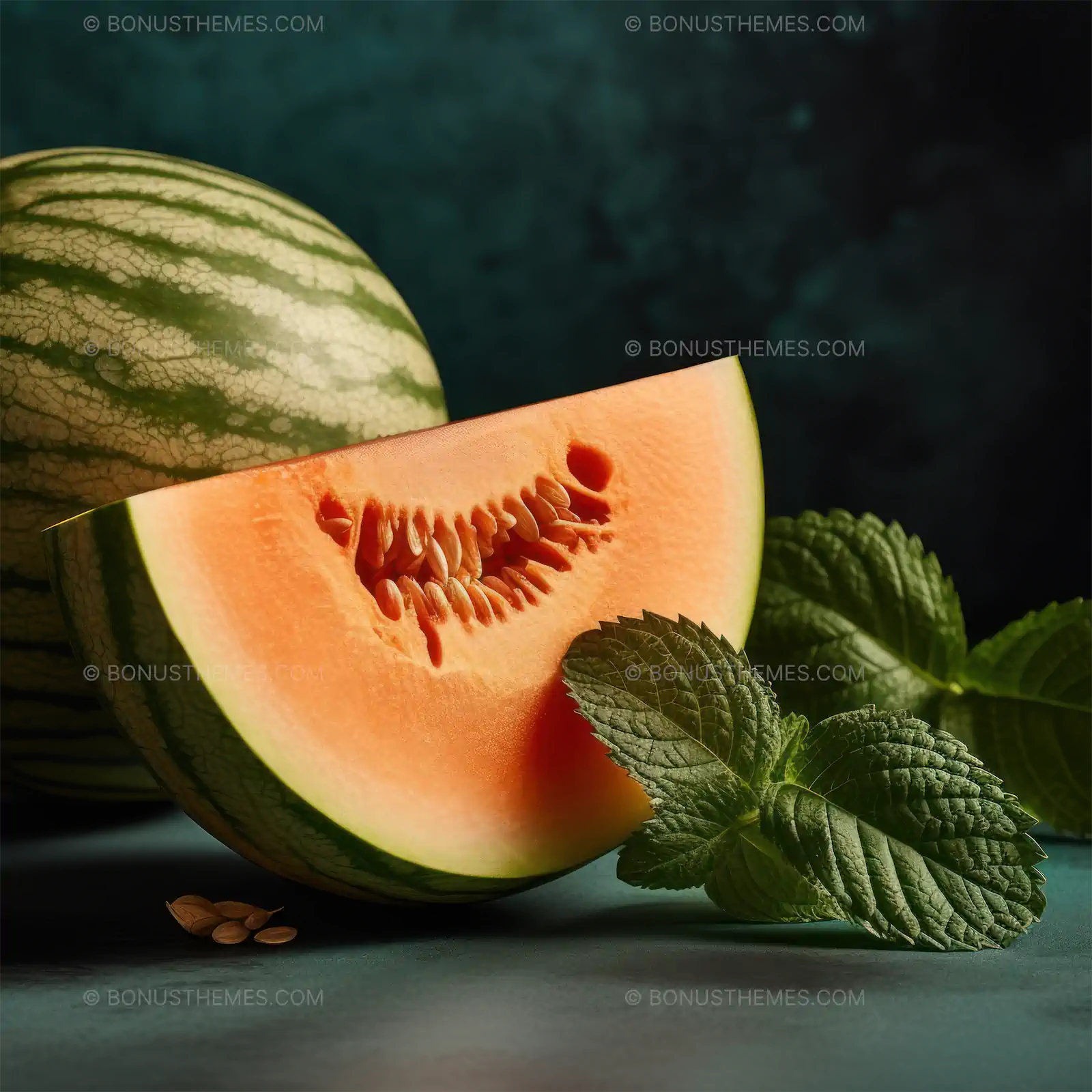 Slice of melon with leaves