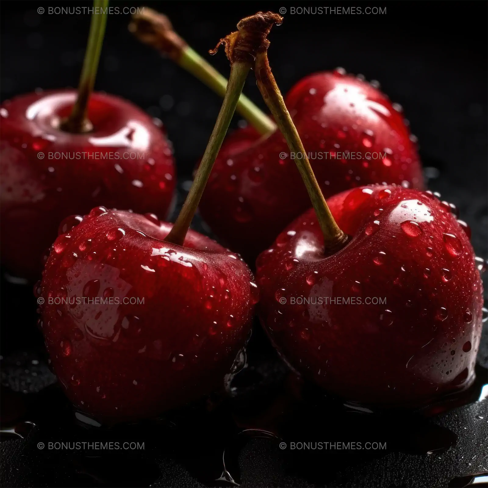 Cherries with water drops on a dark background