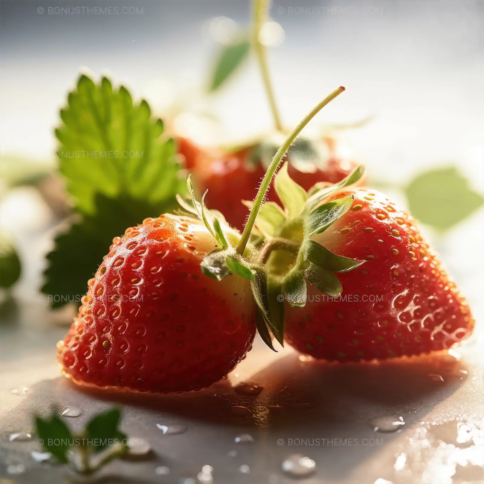 Three glistening strawberries, each one perfectly ripe, with delicate green leaves