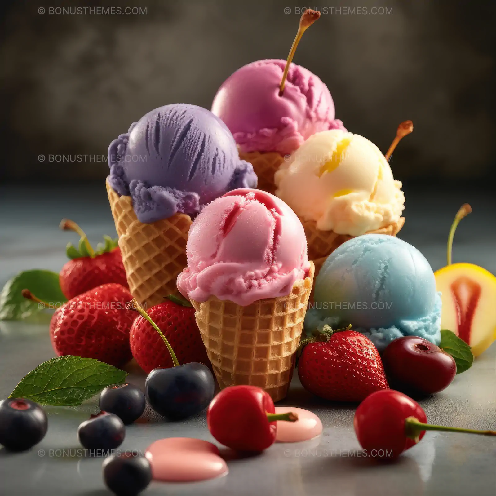 Ice cream cones with fruits