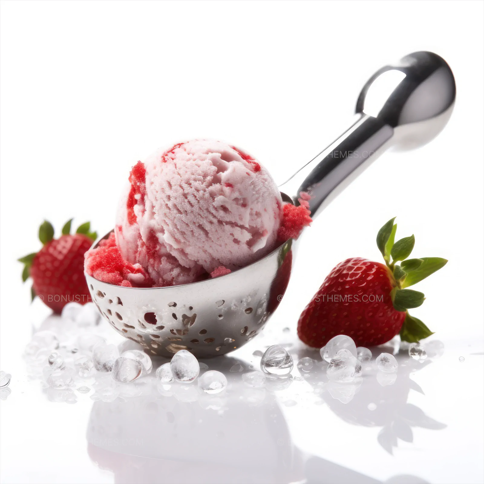 Strawberry ice cream scoop on isolated white background