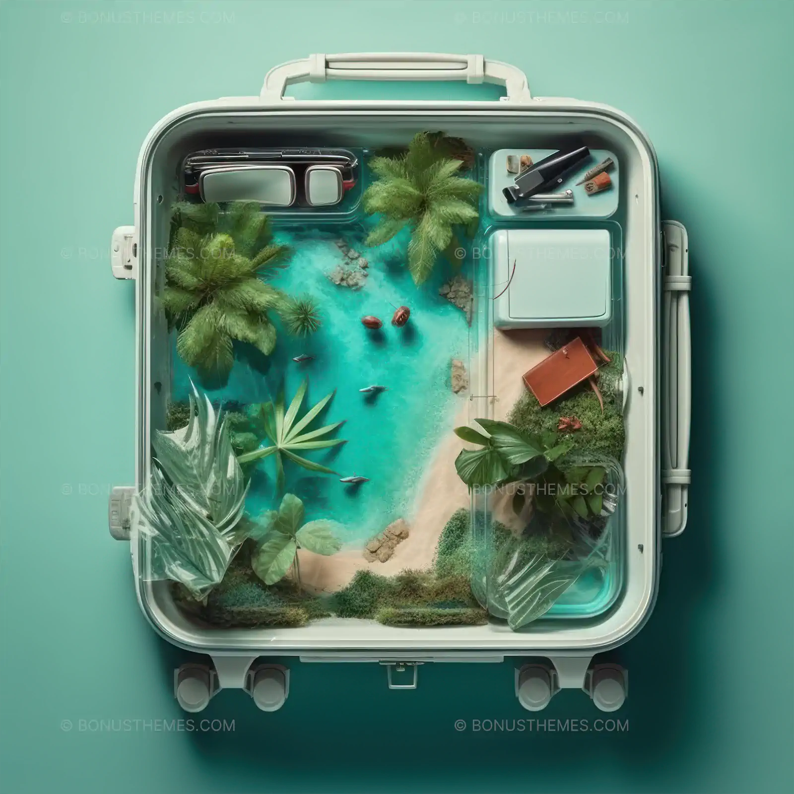 Travel suitcase with tropical island