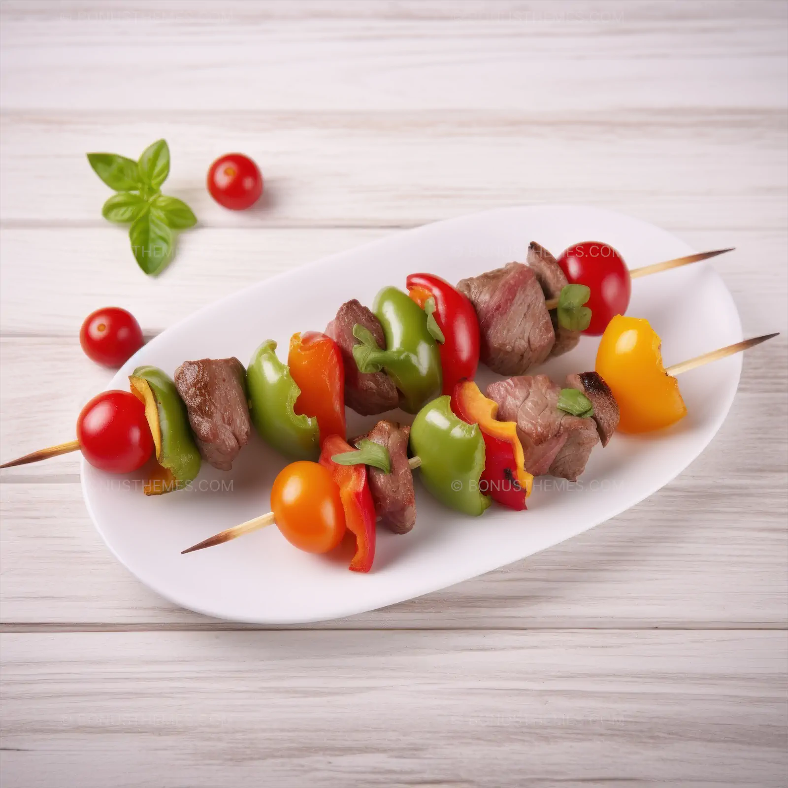 Pork meat skewers with tomatoes and peppers on a light wood background