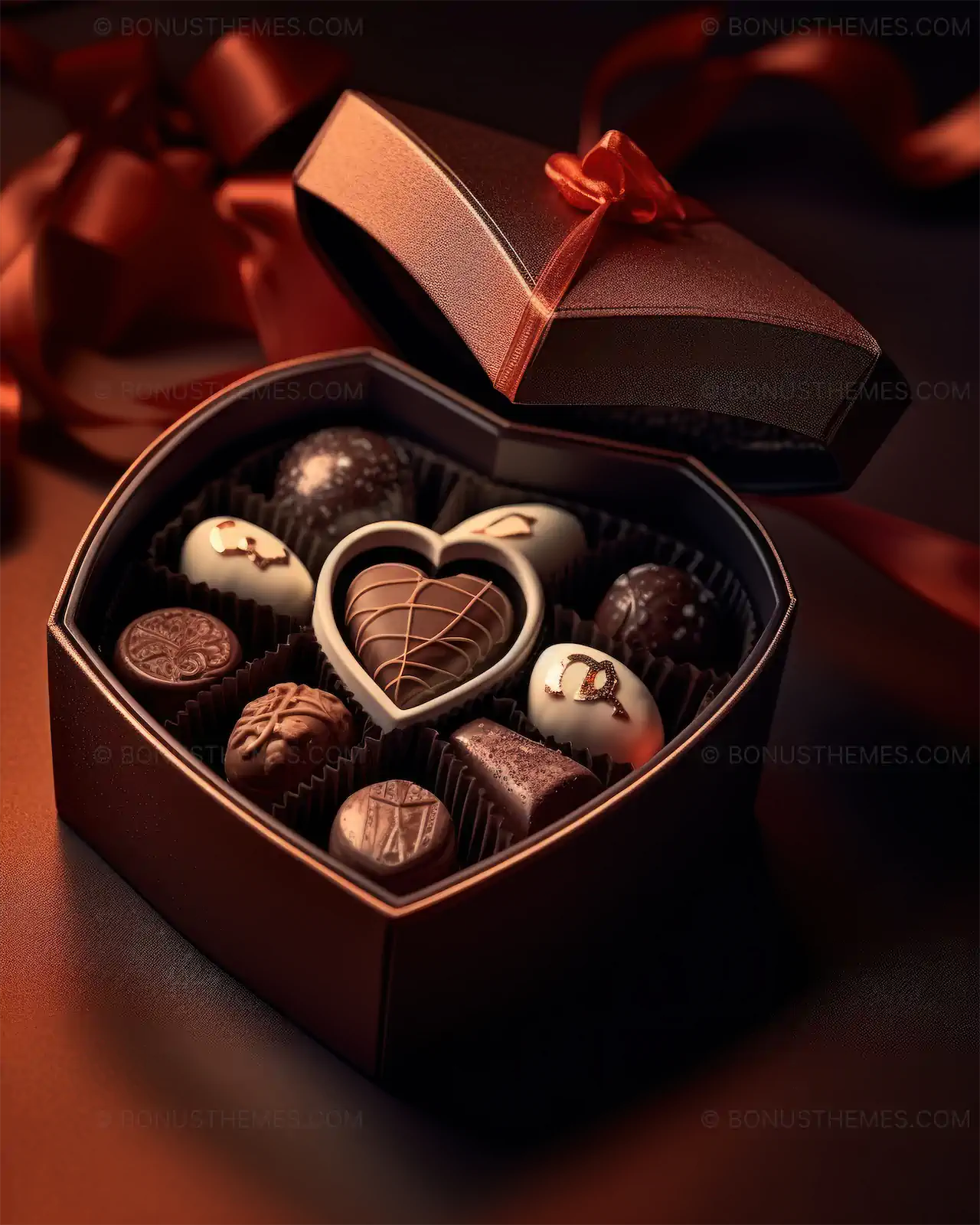 Luxury open gift box with a small chocolate heart placed in center
