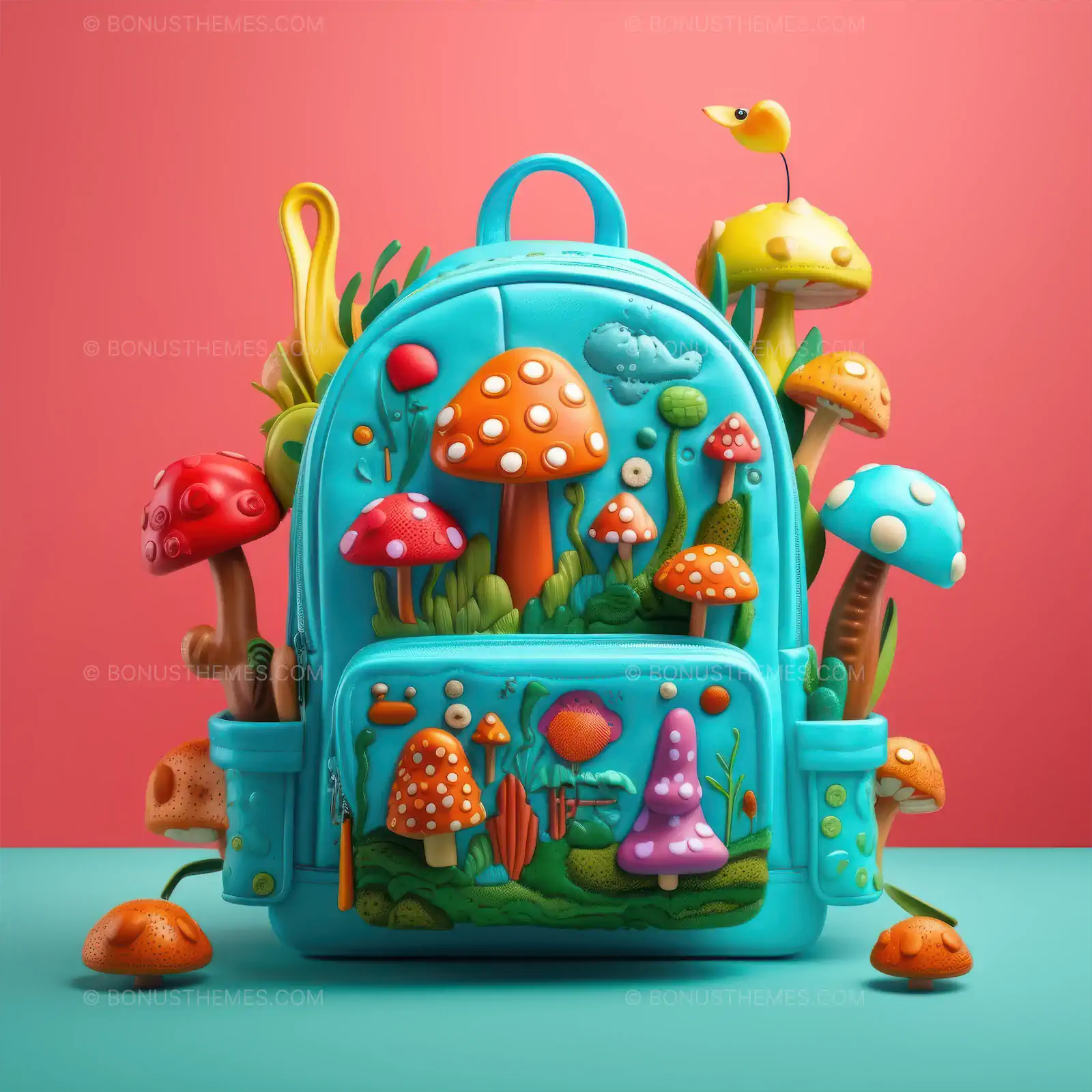 Vibrant fun children's backpack with mushrooms