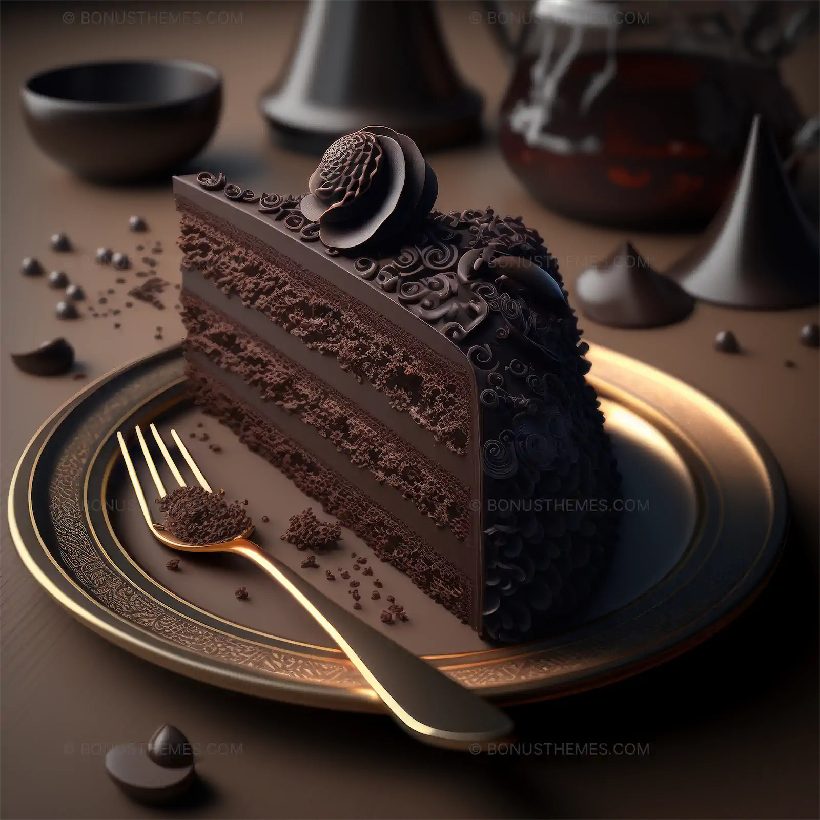 Chocolate cake on a golden plate