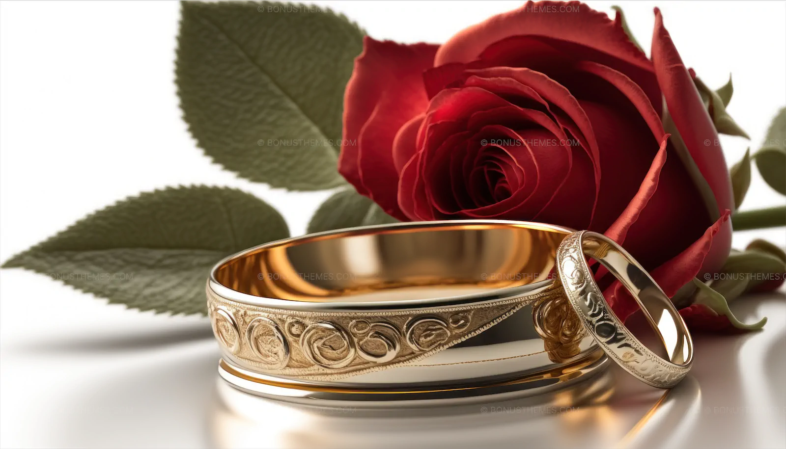 Red rose and wedding bands