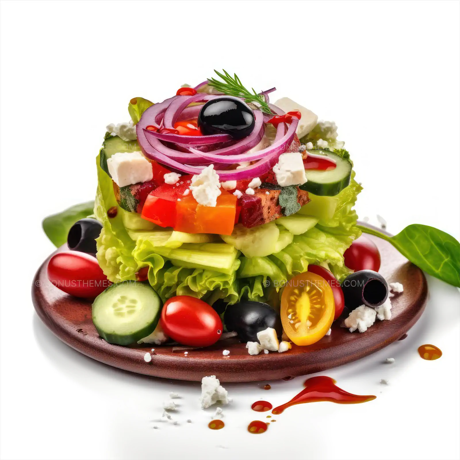 Greek salad with feta cheese and olives on a wooden plate