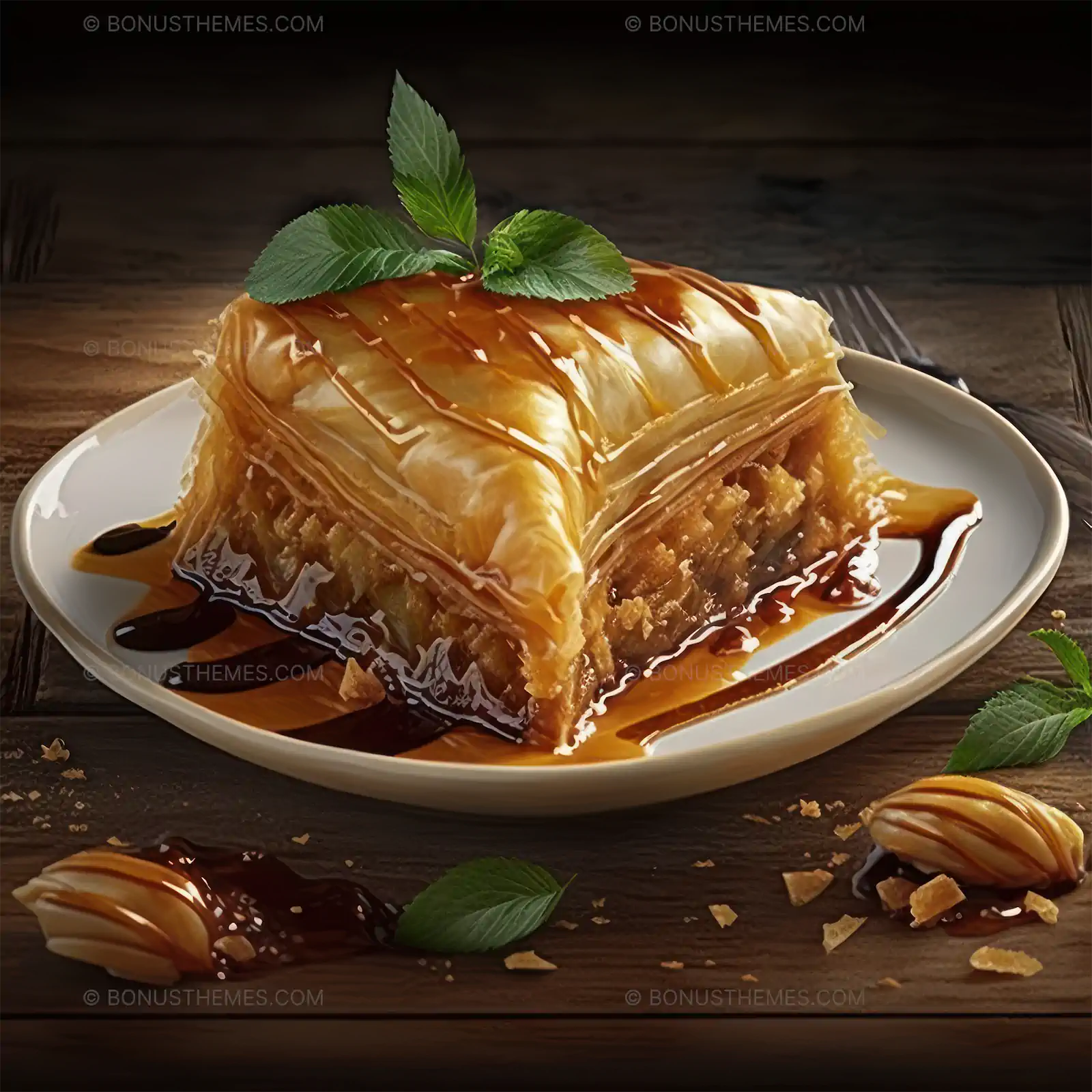 Piece of baklava on a plate with honey syrup