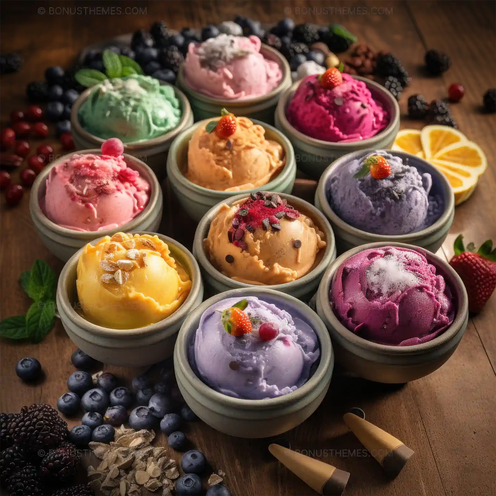 Various flavors of ice cream in a bowl