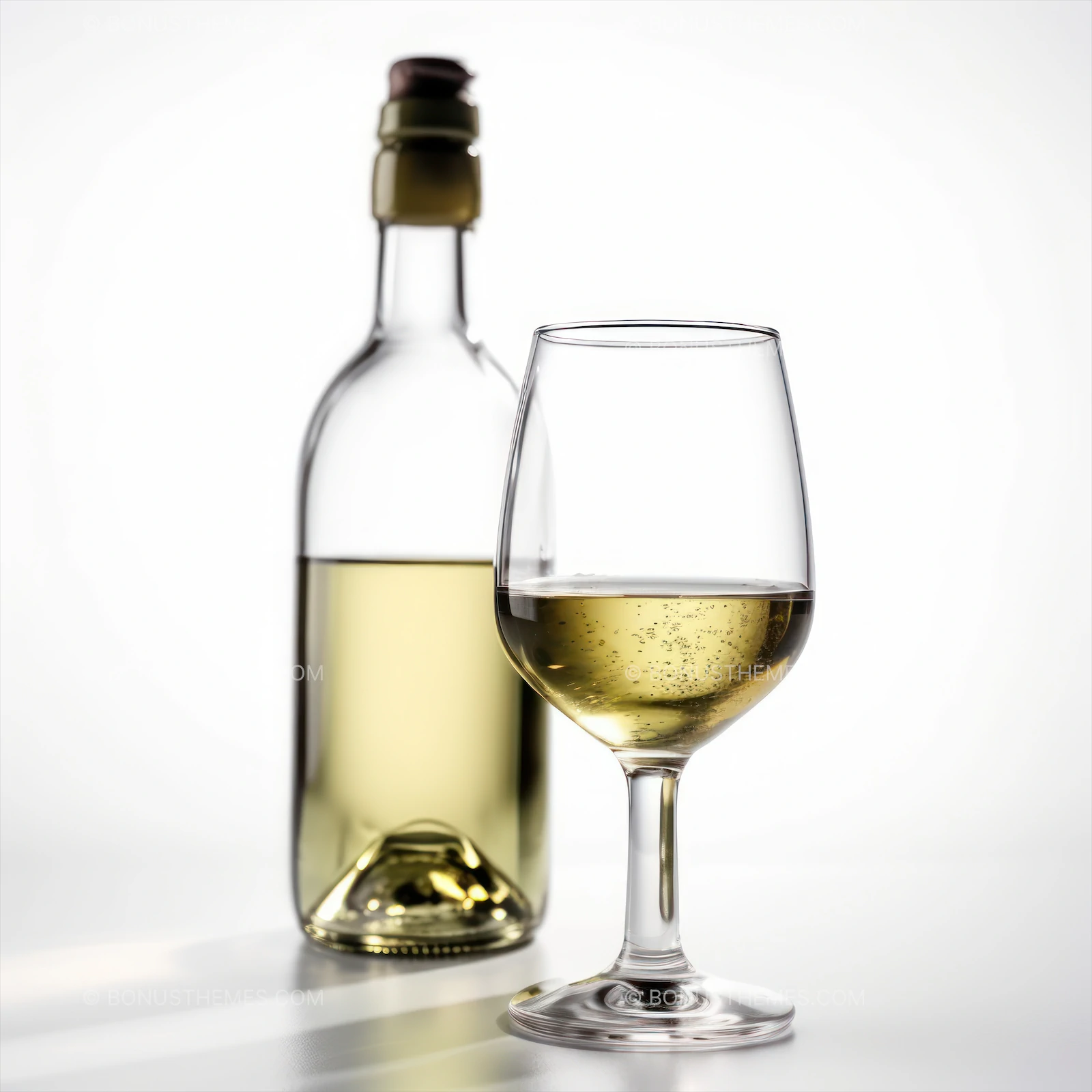 Bottle of white wine standing next to glass on isolated white background