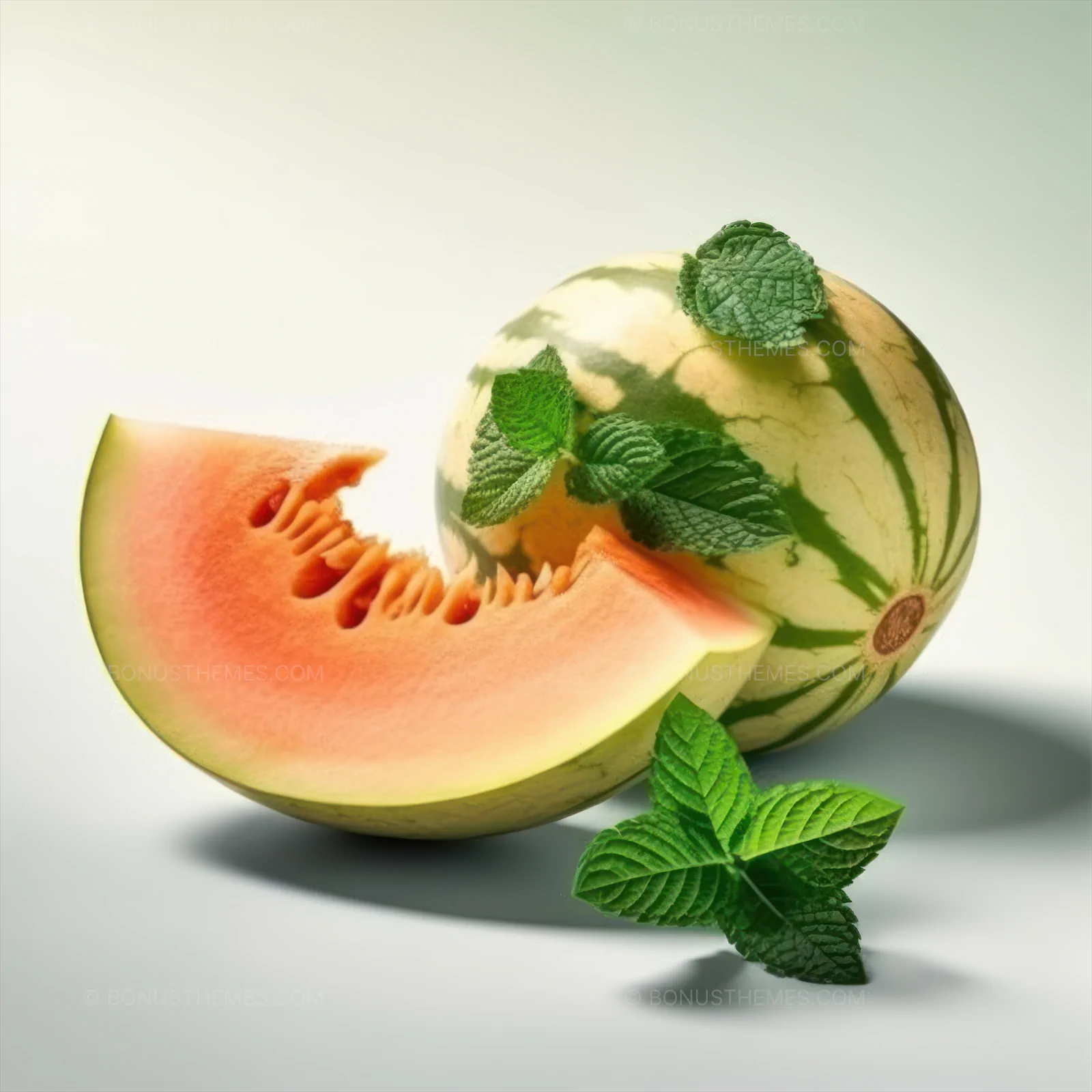 Slice of fresh melon with leaves
