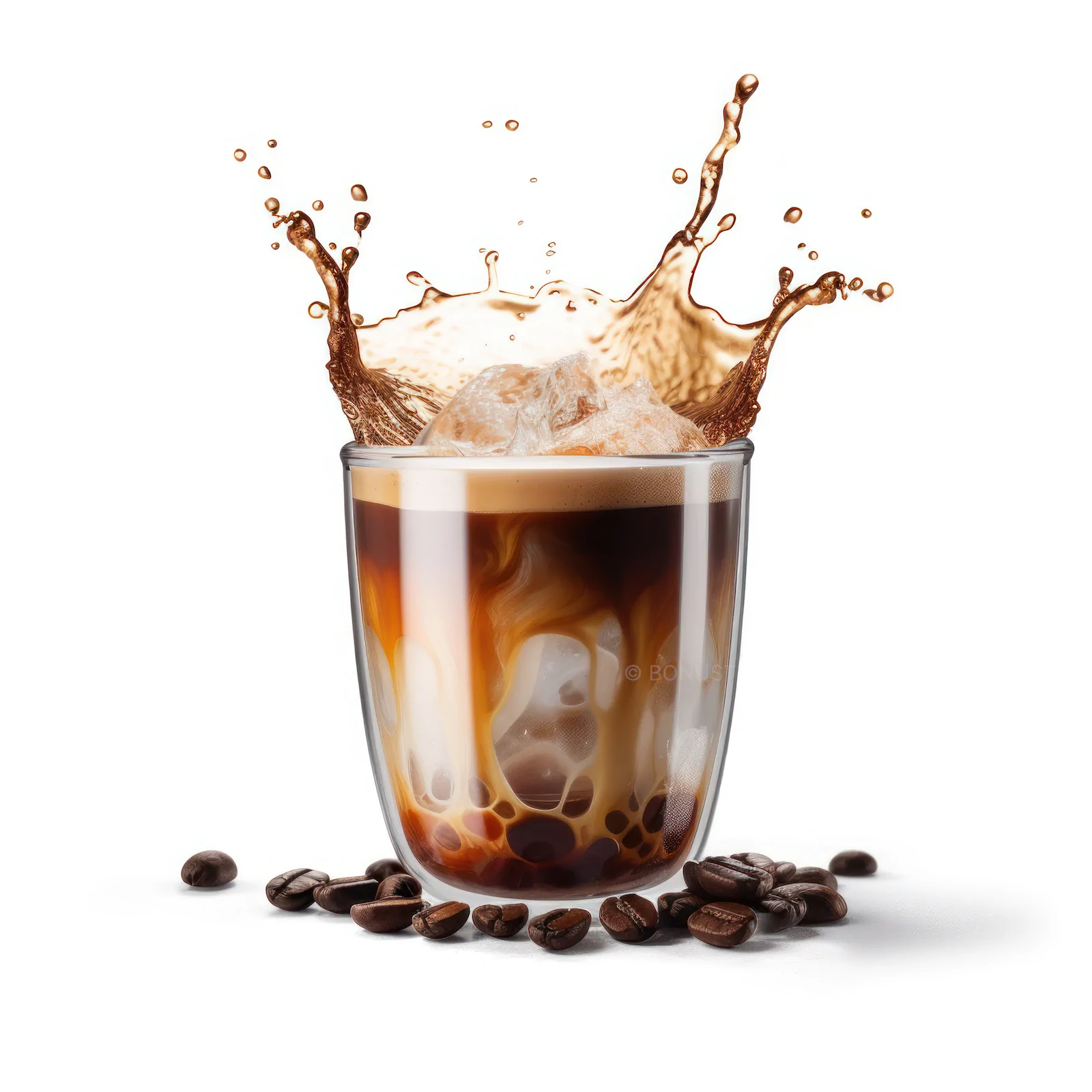 Splash frappe coffee with ice cubes isolated on white background