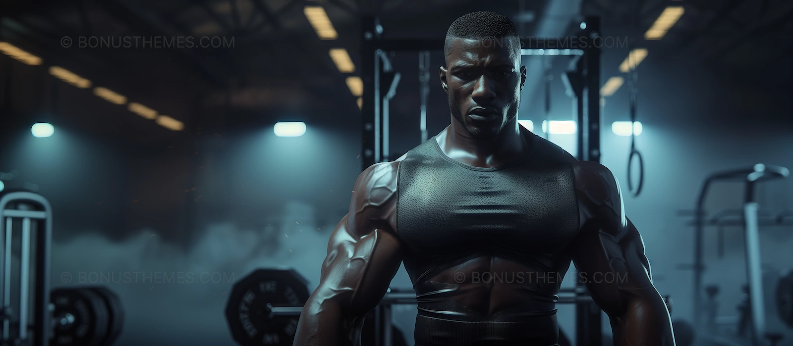 Focused gym avatar, determined man's strength