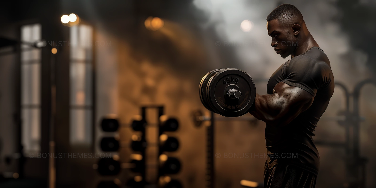 Focused gym man, intense weightlifting