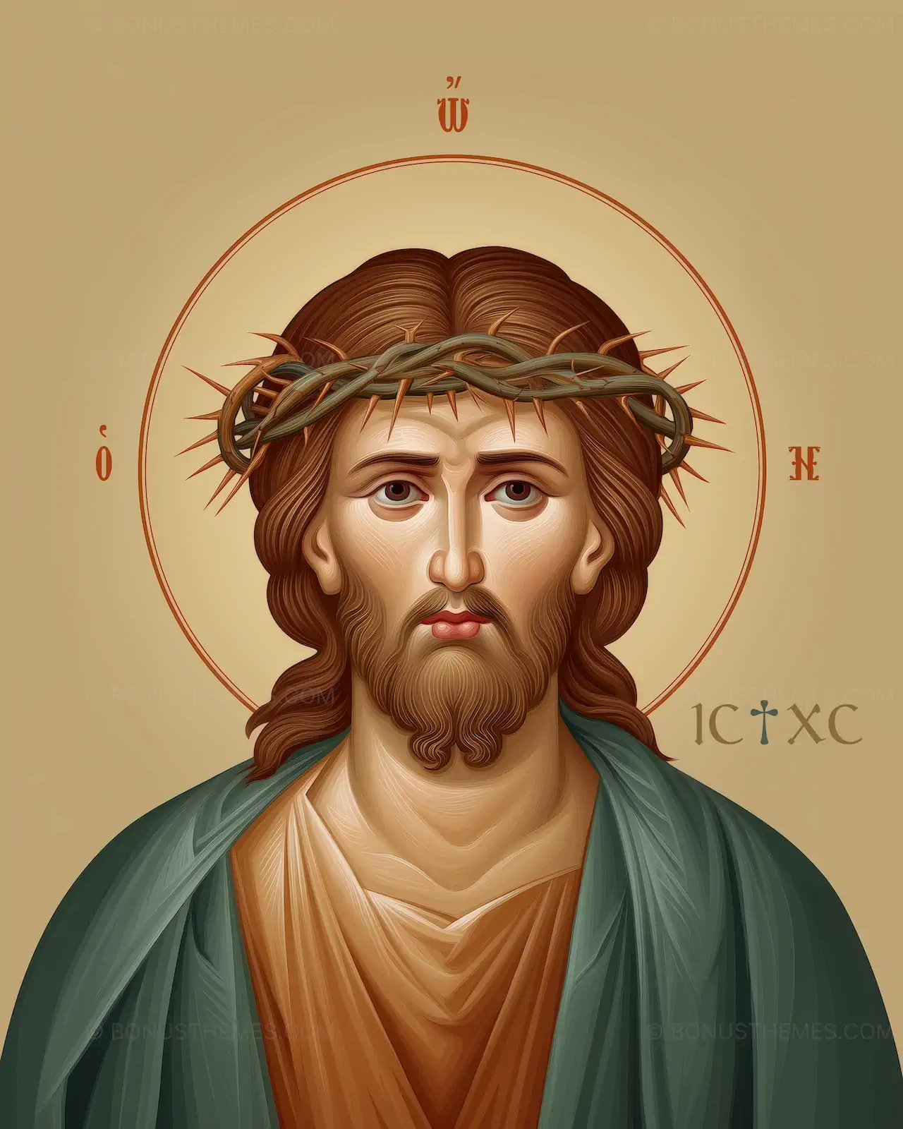 Icon of Jesus Christ with Crown of Thorns in Green Robes - AI Generated Devotional Art