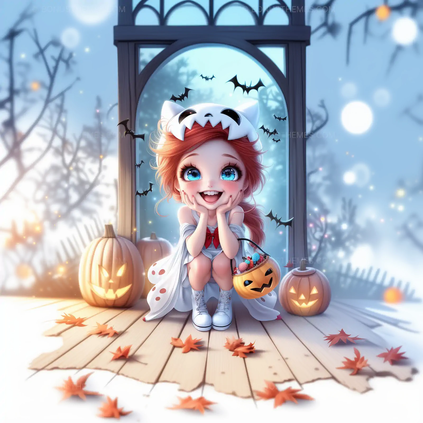 Joyful Halloween Girl with Monster Hat and Pumpkin Basket | AI Illustration