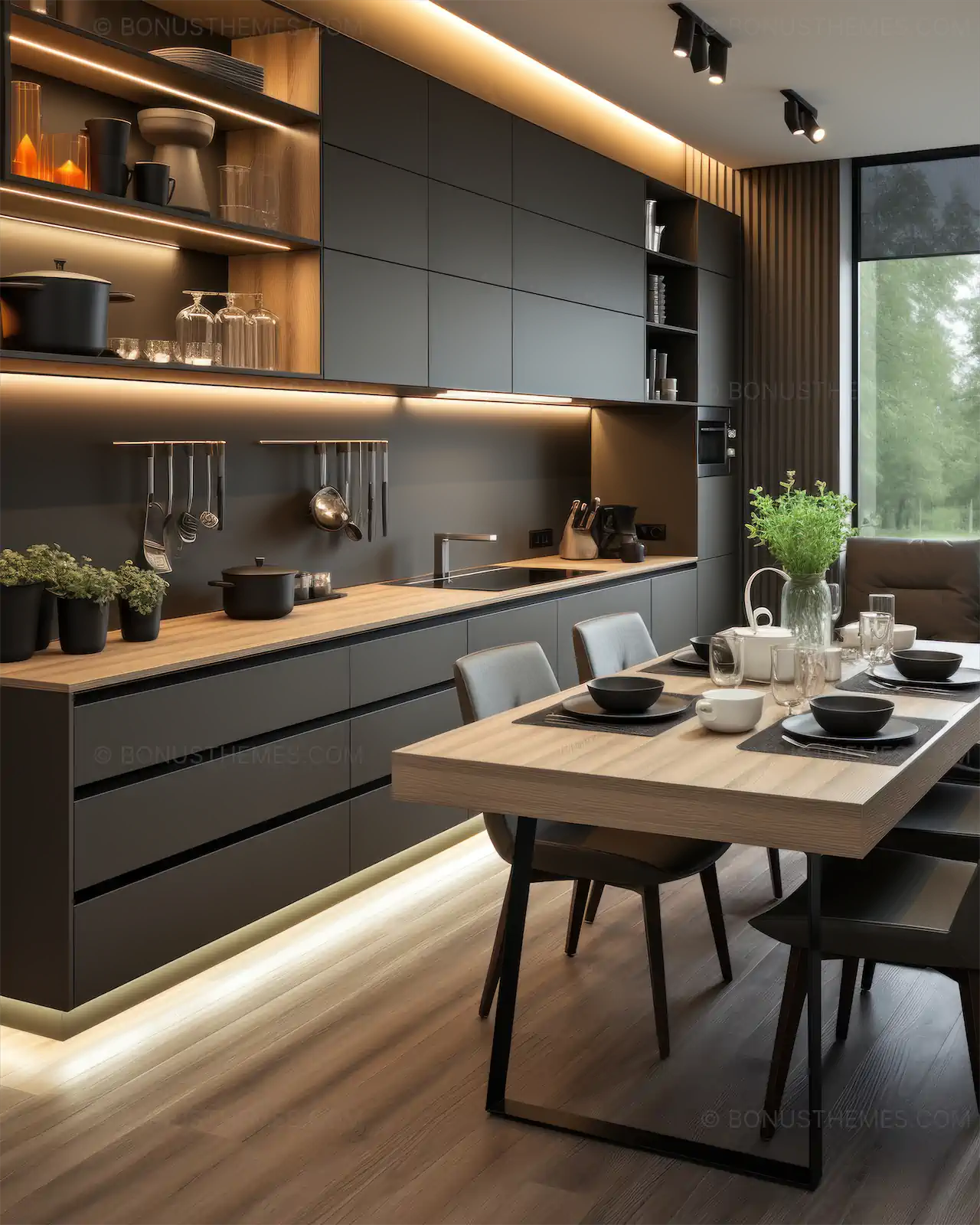 Modern Kitchen with Sleek Black Furniture and Hidden Ambient Lighting | Premium AI Generated Interior Design Image