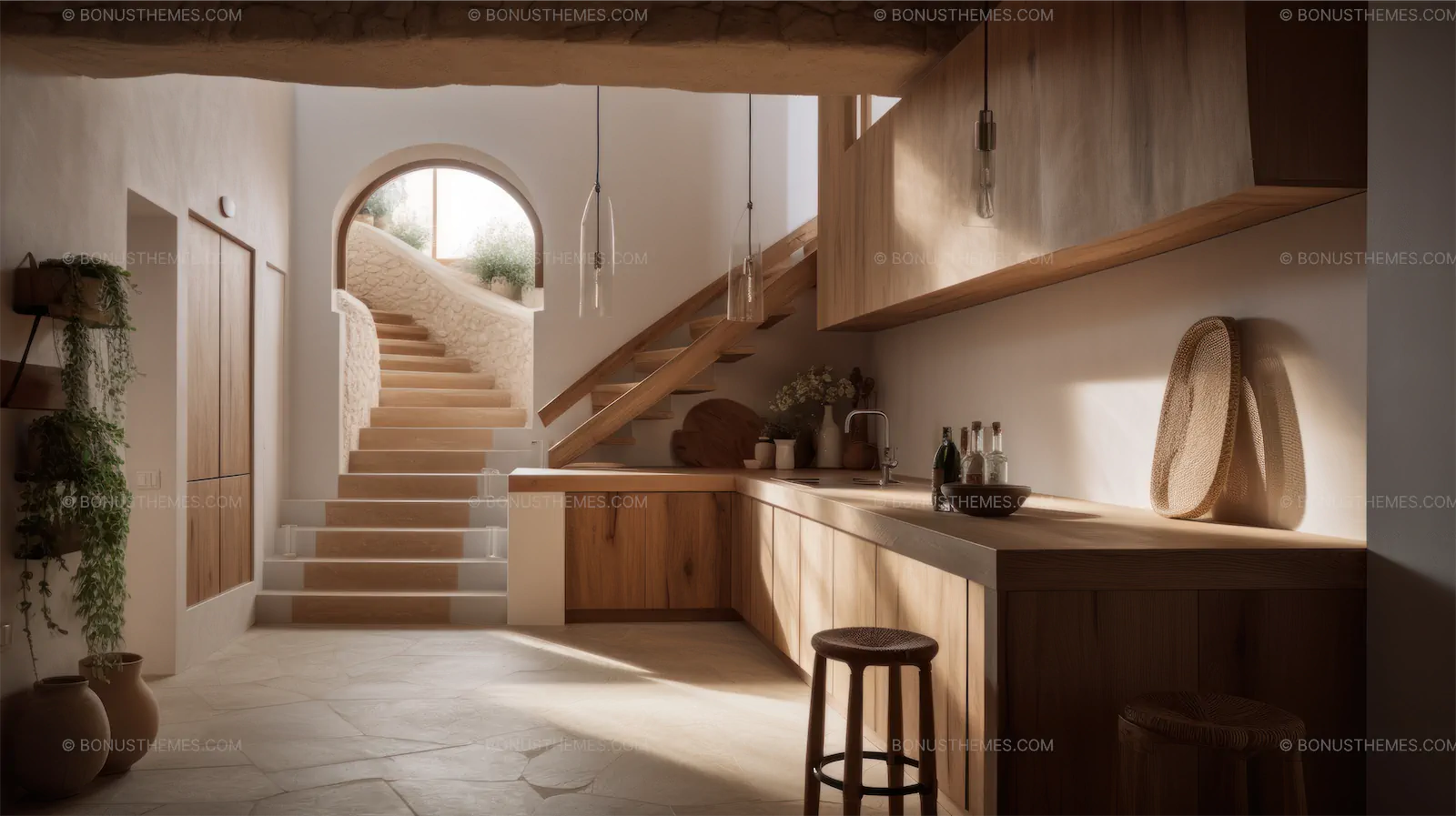 Kitchen with Wooden Staircase & Warm Inviting Interior | Modern Home AI Generated Image