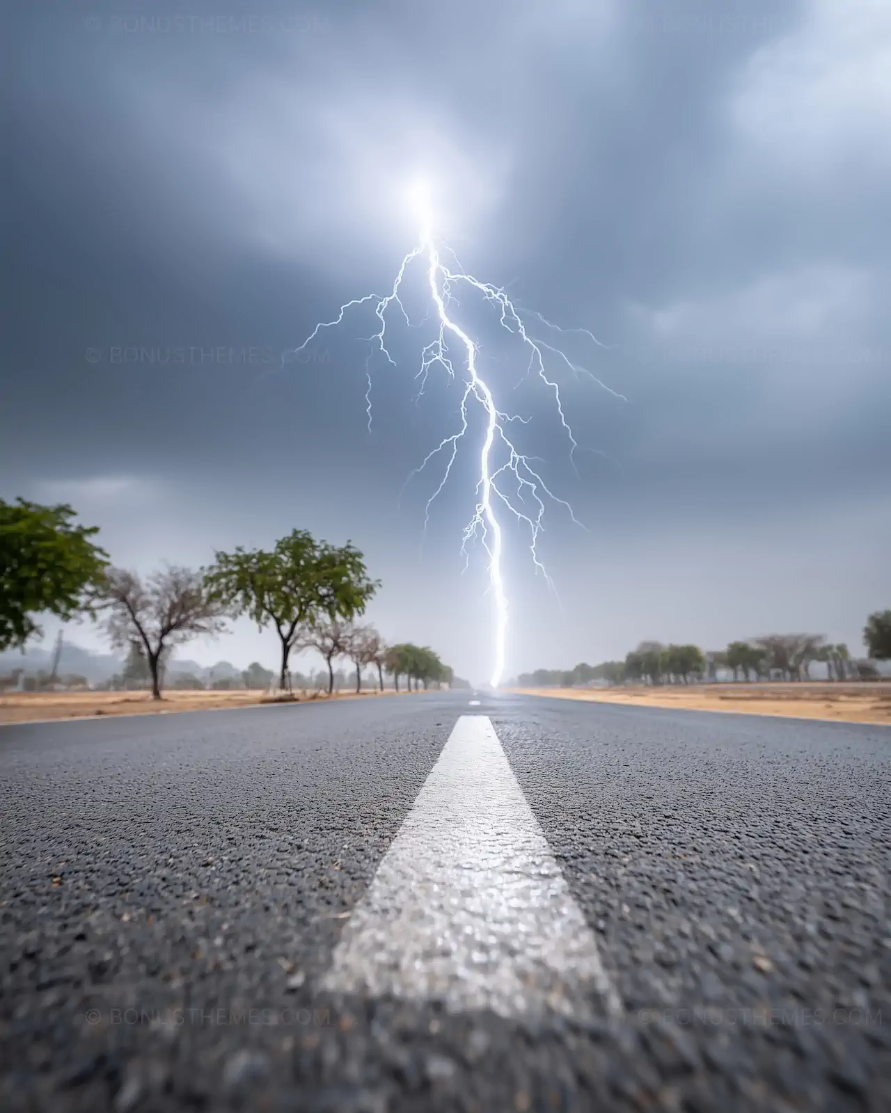 Lightning Bolt Striking Road in Dark Storm | Dramatic AI Image