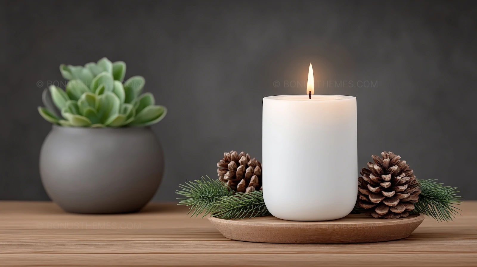Lit Candle on Wooden Table with Pine Cones - Cozy Scene | AI Image
