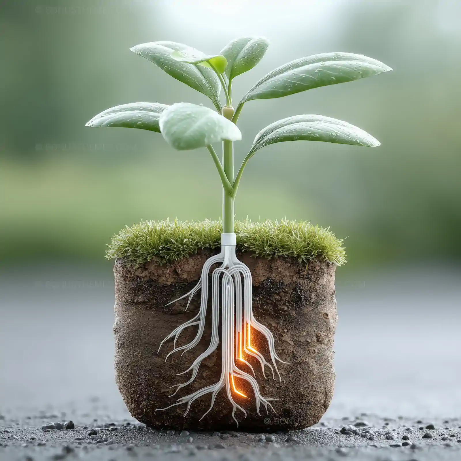 Living Plant with Glowing Circuit Board Roots | Innovative Bio-Tech Concept