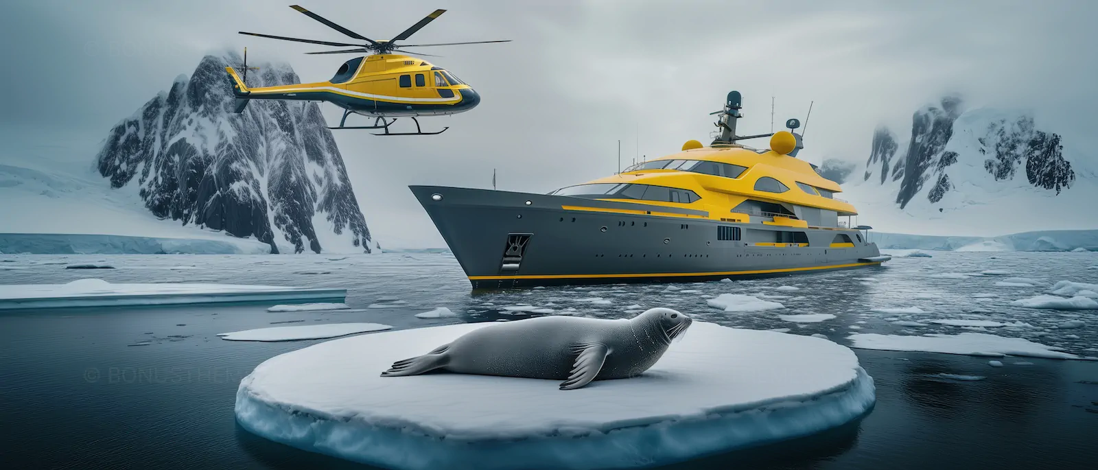 Luxury Expedition Yacht and Yellow Helicopter in Antarctica | AI Image