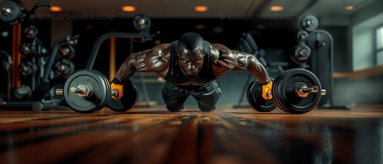 Man in Black Shirt and Shorts Doing Push-Ups on Dumbbells in Dimly Lit Gym
