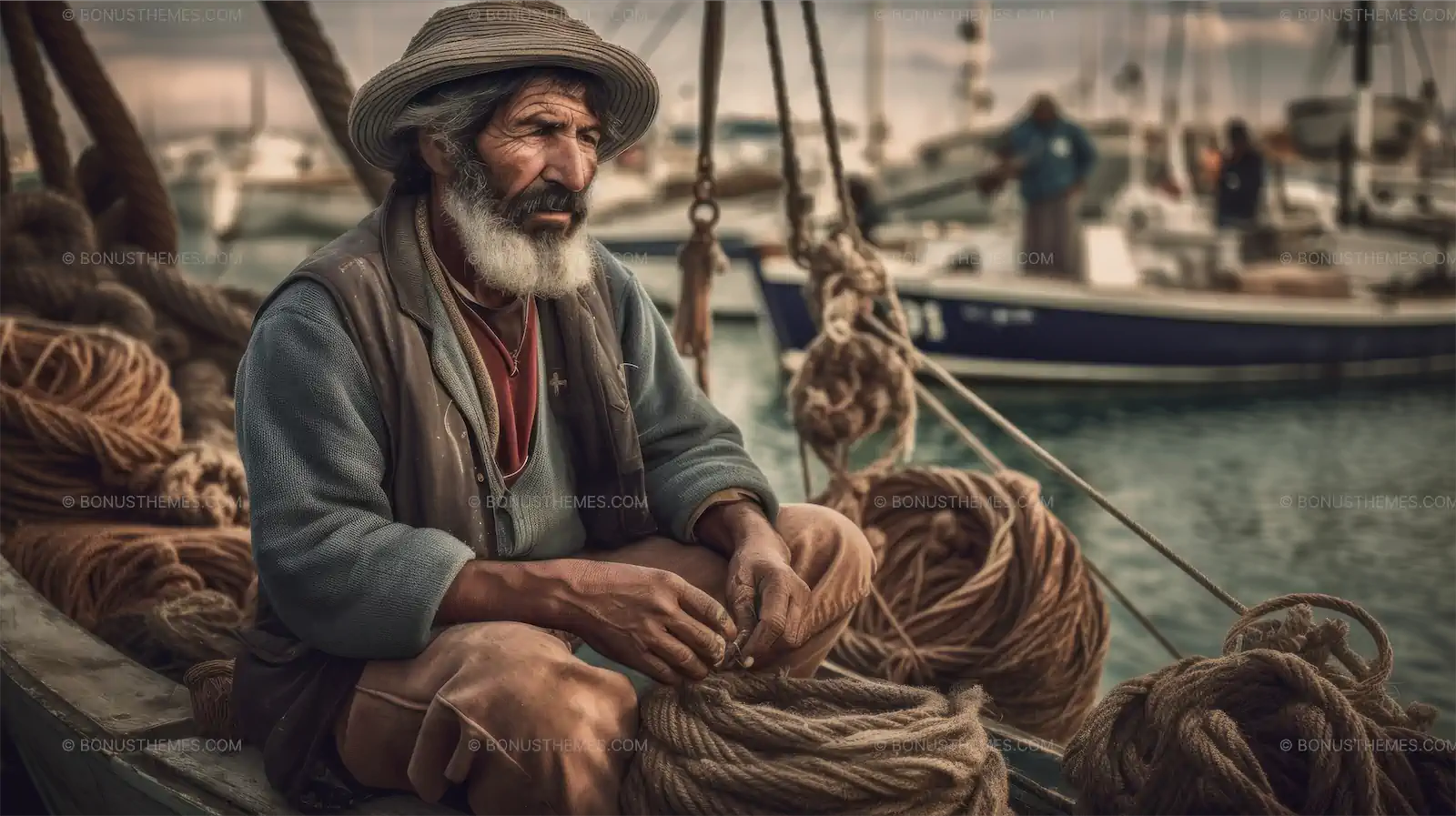 Man on Boat Holding Basket of Ropes Over Calm Water | Serene AI Generated Maritime Lifestyle Image