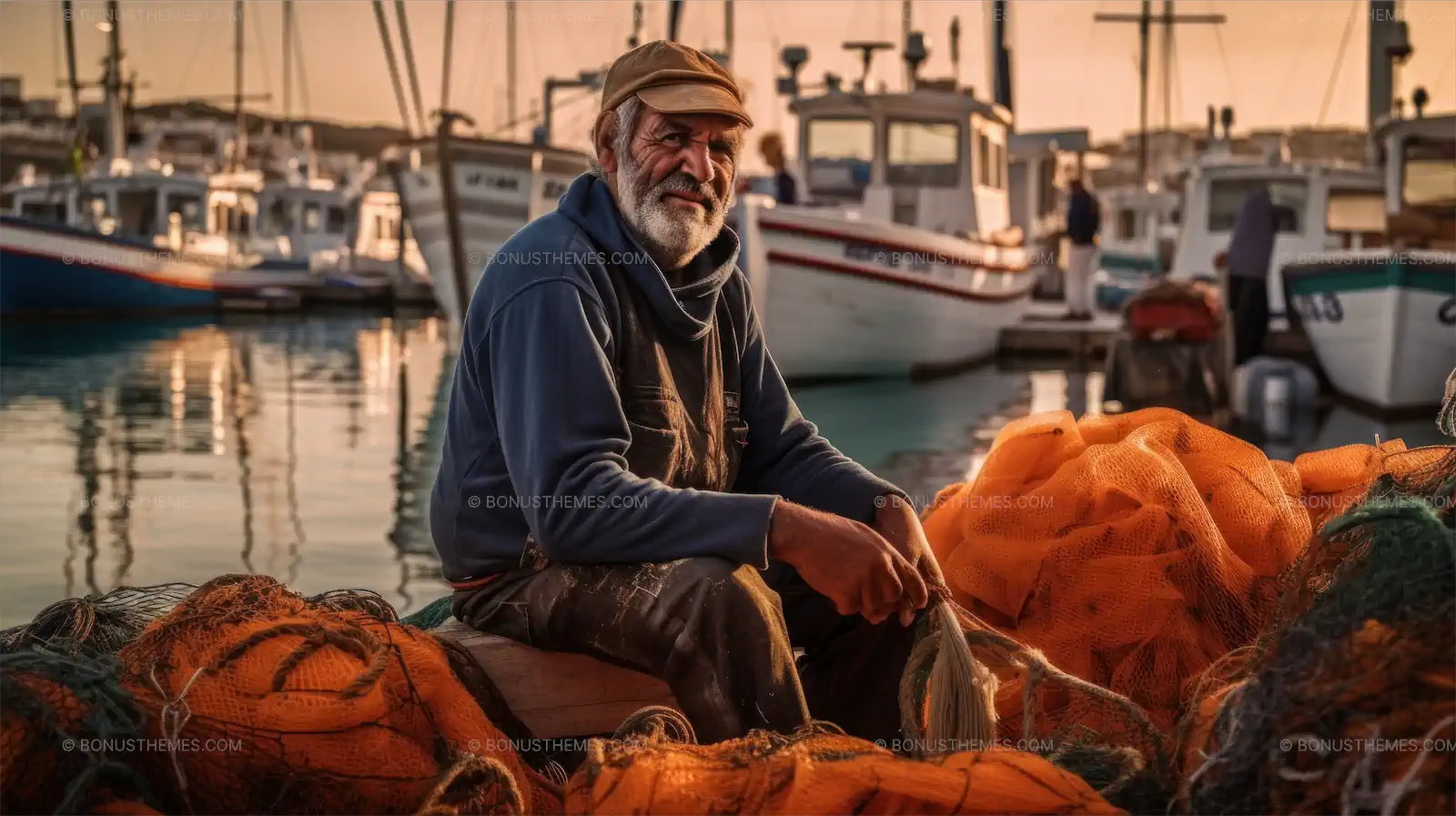Man on Boat with Orange Fishing Nets | AI Maritime & Fishing Image