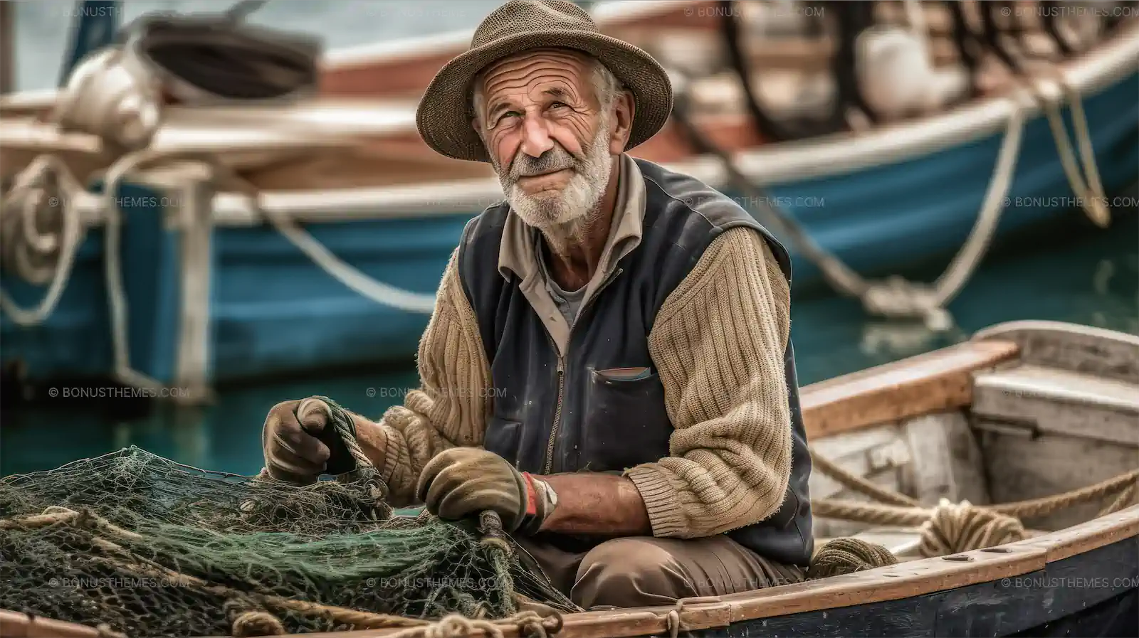 Man in Hat and Vest on Boat with Fishing Net - AI Generated Maritime Image