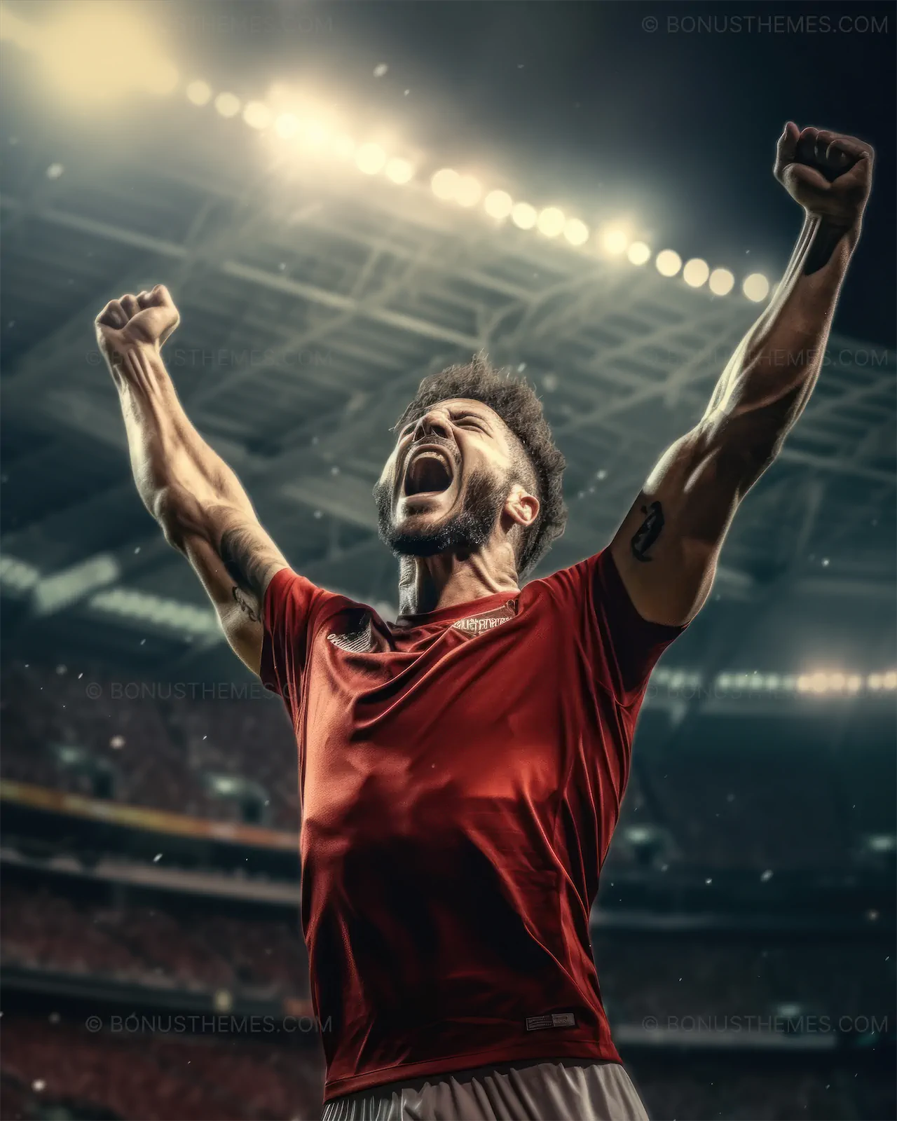 Man in Red Jersey Celebrating in Packed Stadium - Dynamic AI Generated Sports Image