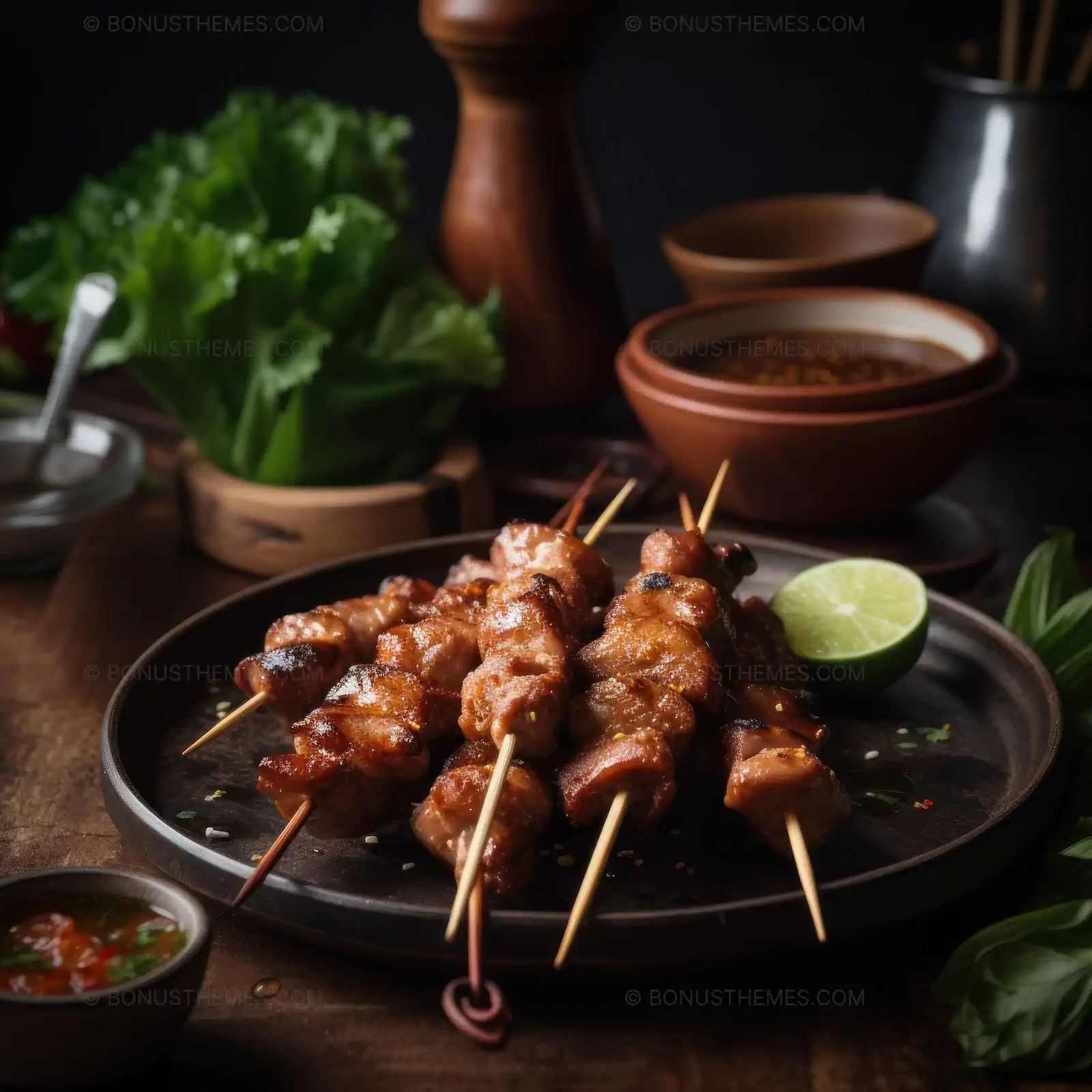 Meat Skewers with Lime on Wooden Table | Gourmet AI Generated Culinary Image