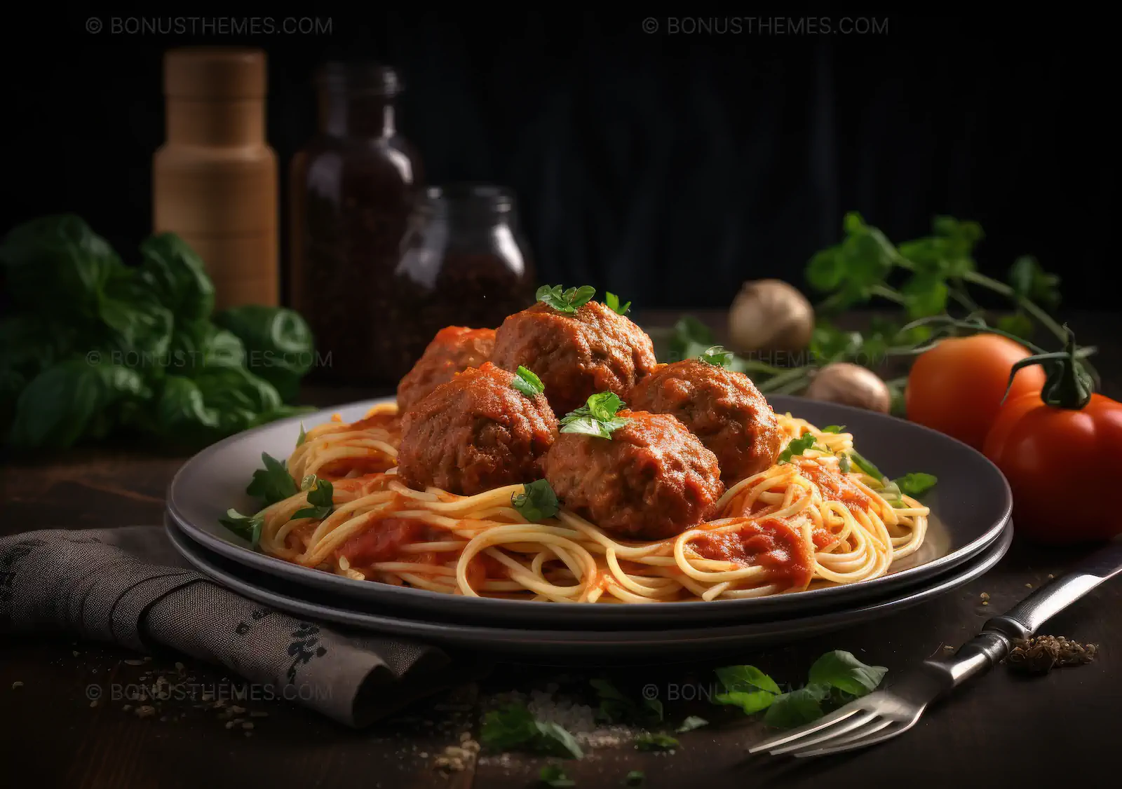 Meatballs and Spaghetti with Fork & Knife on Table | Classic Italian AI Generated Food Image