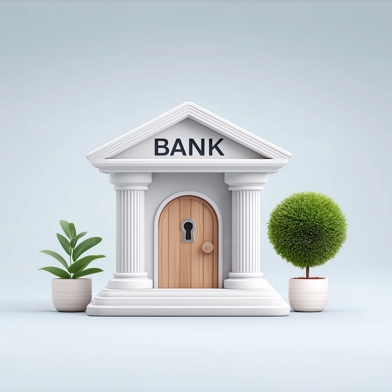 Minimalist 3D Bank Building with Pillars & Wooden Door | AI Image