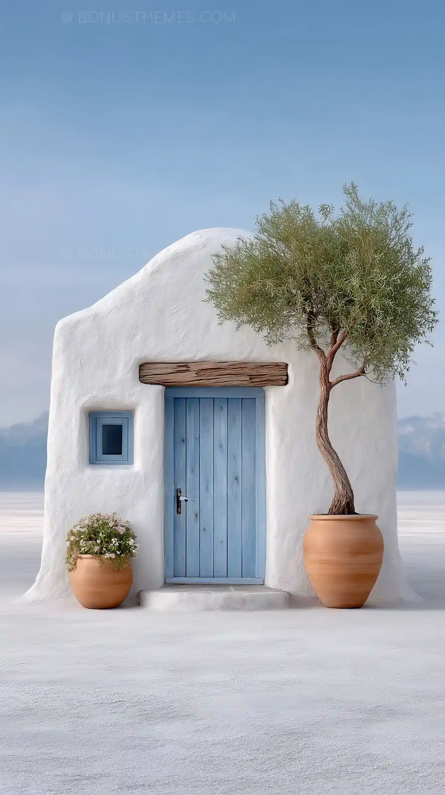 Minimalist White Greek Building | Blue Door & Cycladic Garden AI Image